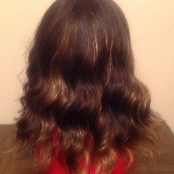 Medium Length Brown with Highlights Synthetic Wig - Picture 4 of 9